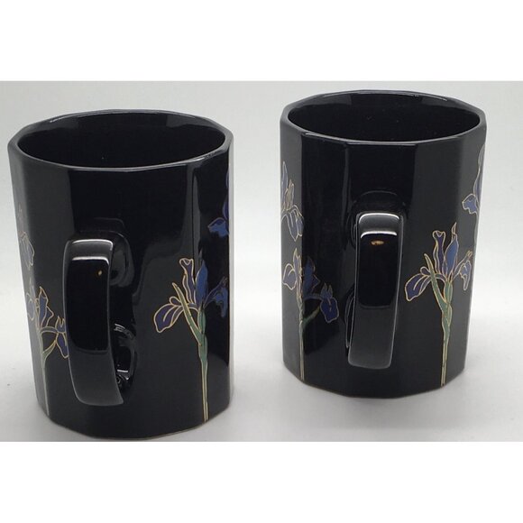 Otagiri Mug Blue Iris Flowers Black Gold Accents  Coffee Tea Mug Cup Japan x 2 - Picture 2 of 4